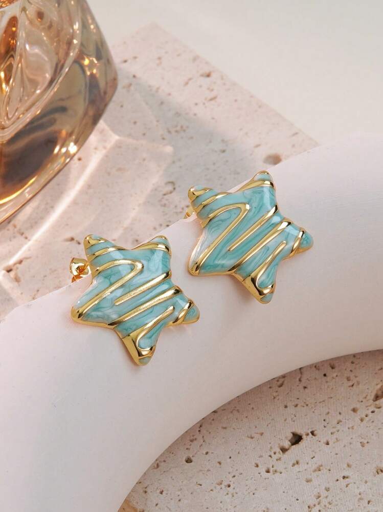 Aretes estrella esmalte turquesa acero