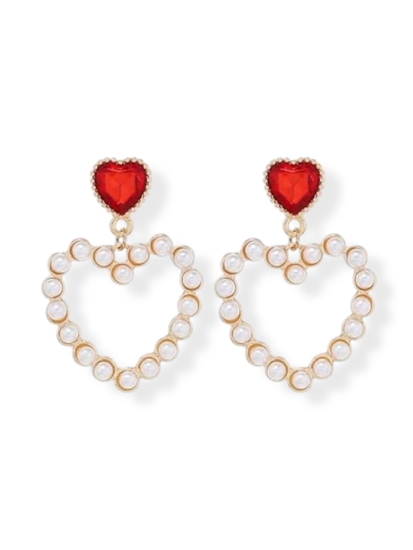 Aretes corazón rojo y perlas