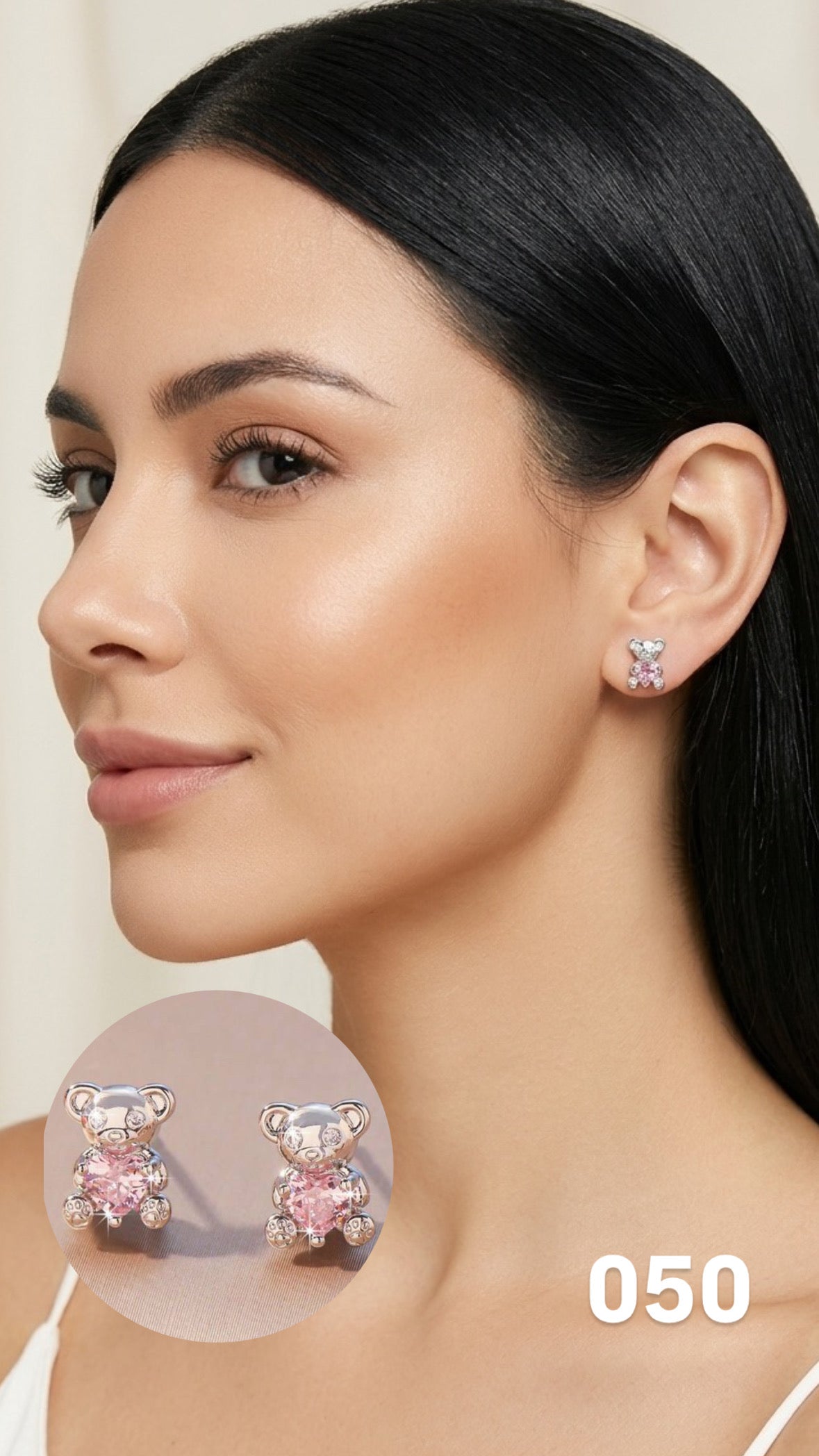 Aretes osito plateado corazón rosa