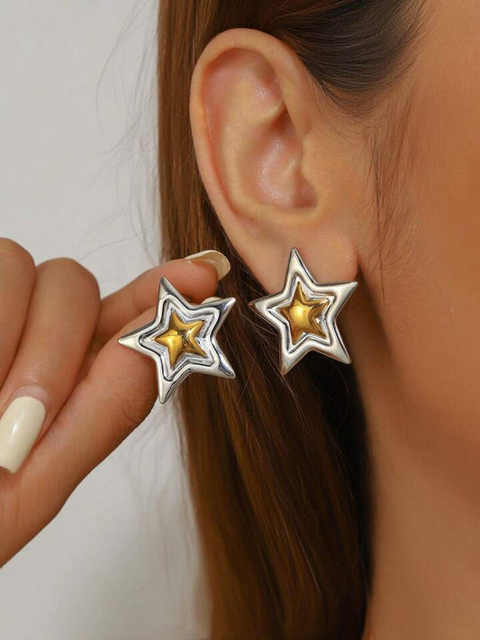 Aretes estrella doble color acero