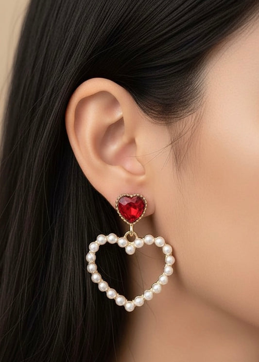 Aretes corazón rojo y perlas